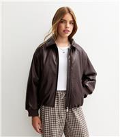 Girls' Dark Brown Bubble Hem Faux Leather Jacket New Look