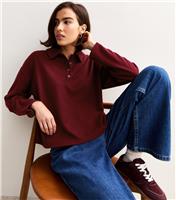 Women's Dark Red Soft Touch Long Sleeve Button Up Polo Top New Look