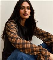Women's Black Soft Touch Contrast Checked Sleeve Top New Look