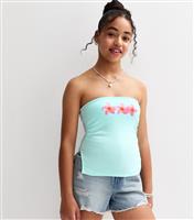 Girls' Light Blue Flower Print Ruched Bandeau Top New Look