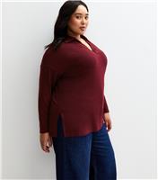 Women's Plus Size Dark Burgundy Soft Touch Rugby Polo Top Curves New Look