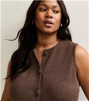Women's Plus Size Dark Brown Soft Touch Compact Knit Split Front Waistcoat Curves New Look
