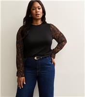 Women's Plus Size Black Soft Touch Leopard Print Chiffon Sleeve Top Curves New Look