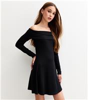 Girls' Black Bardot Ribbed Long Sleeve Dress New Look