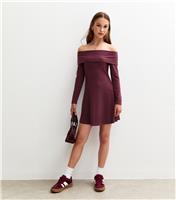 Girls' Light Burgundy Bardot Ribbed Long Sleeve Dress New Look