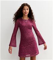 Girls' Red Mesh Rose Print Long Sleeve Mini Dress New Look