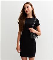 Girls' Black Textured Shirred T-Shirt Dress New Look