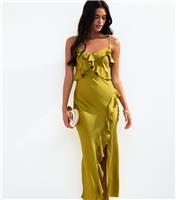 Women's Olive Green Frill Satin Midi Slip Dress New Look