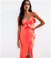 Women's Coral Frill Satin Midi Slip Dress New Look