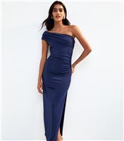 Women's Navy Ruched One Shoulder Slit Hem Midi Dress New Look