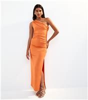 Women's Orange Ruched One Shoulder Slit Hem Midi Dress New Look