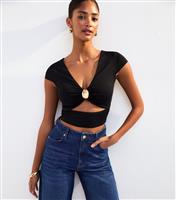 Women's Black Gold Ring Detail V Neck Crop Top New Look