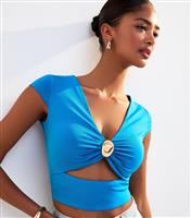 Women's Blue Gold Ring Detail V Neck Crop Top New Look