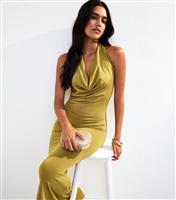 Women's Olive Green Cowl Halterneck Midi Dress New Look