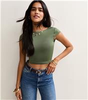 Women's Khaki Scoop Back Jersey Cropped T-Shirt New Look