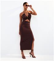 Women's Dark Brown Halterneck Cut Out Midi Dress New Look