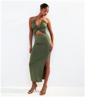 Women's Dark Khaki Halterneck Cut Out Midi Dress New Look