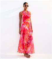 Women's Orange Hibiscus Print Chiffon Halterneck Midi Dress New Look