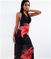 Women's Black Mesh Floral Print Cowl Halterneck Maxi Dress New Look