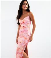Women's Pink Palm Tree Print Cowl Mesh Midi Dress New Look