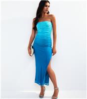 Women's Blue Ombre Mesh Ruched Bandeau Midi Dress New Look
