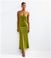 Women's Olive Satin Twist Back Slip Midi Dress New Look