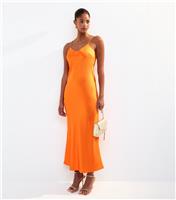 Women's Orange Satin Twist Back Slip Midi Dress New Look
