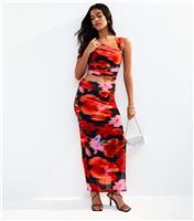 Women's Black Blurred Hibiscus Print Mesh Midi Skirt New Look