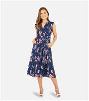 Women's Blue Floral Sleeveless Wrap Midi Dress Yumi New Look