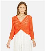 Women's Orange Open Knit Knotted Top Yumi New Look