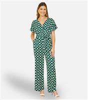 Women's Green Patterned Short Sleeve Belted Jumpsuit Yumi New Look
