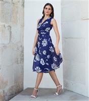 Women's Blue Floral Sleeveless Floral Wrap Midi Dress Yumi New Look