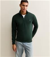 Men's Dark Green Quarter Zip Logo Embroidered Jumper Farah New Look
