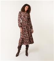 Women's Black Floral Print Shirred Midi Shirt Dress Blue Vanilla New Look
