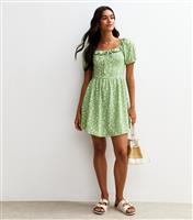 Women's Green Ditsy Print Jersey Milkmaid Mini Dress New Look