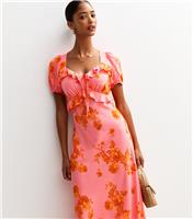 Women's Pink Floral Print Ruffle Trim Milkmaid Midi Dress New Look