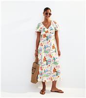 Women's Cream Fish Print Textured Puff Sleeve Midi Dress New Look