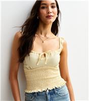 Women's Yellow Check Print Frill Sleeve Shirred Cami Top New Look