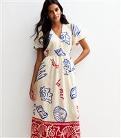 Women's Off White Shell Print Flutter Sleeve Button Midi Dress New Look