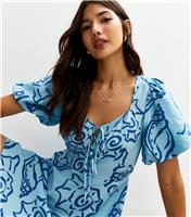 Women's Blue Pattern Print Tie Neck Mini Dress New Look