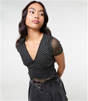 Women's Black Polka Dot Mesh Crop Top Pink Vanilla New Look