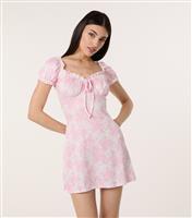 Women's Pink Ribbed Floral Mini Dress Pink Vanilla New Look