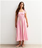 Women's Petite Pink Striped Tie Strap Poplin Midi Dress New Look