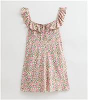 Women's Petite Cream Floral Print Frill Trim Mini Dress New Look