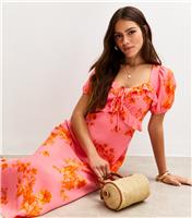 Women's Petite Pink Floral Print Milkmaid Ruffle Trim Midi Dress New Look