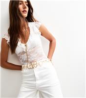 Women's White Frill Trim Floral Lace Sheer Bodysuit New Look