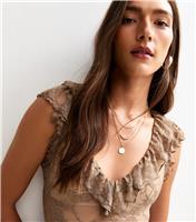 Women's Brown Frill Trim Floral Lace Sheer Bodysuit New Look