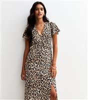 Women's Brown Leopard Print Flutter Sleeve Midi Dress New Look