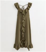 Women's Petite Khaki Asymmetric Hem Ruffle Trim Midi Dress New Look