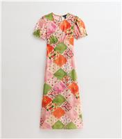 Women's Orange Patchwork Print Puff Sleeve Midi Dress New Look